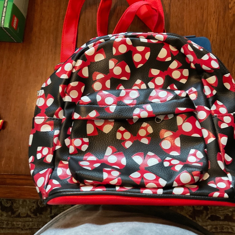 Leather Mini Mouse  backpack & key chain 9 1/2 depth x 10 inches across